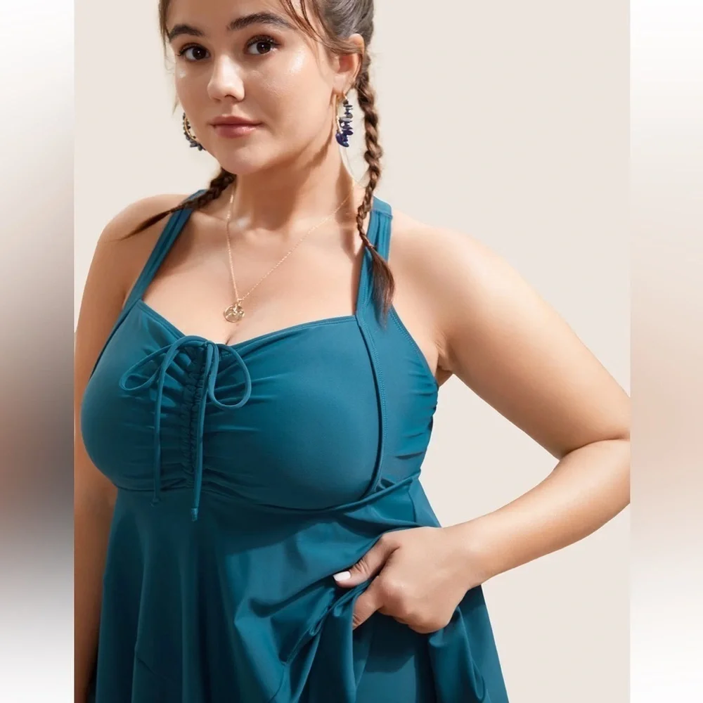 BloomChic Plus Size XL Plain Gathered Adjustable Straps Drawstring Swim Dress - Picture 3 of 8